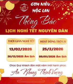 Th&ocirc;ng B&aacute;o Lịch Nghỉ Tết Nguy&ecirc;n Đ&aacute;n 2026 - Nh&agrave; H&agrave;ng Cơm Ni&ecirc;u Mộc Lan